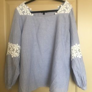 Blue pinstripe and lace blouse